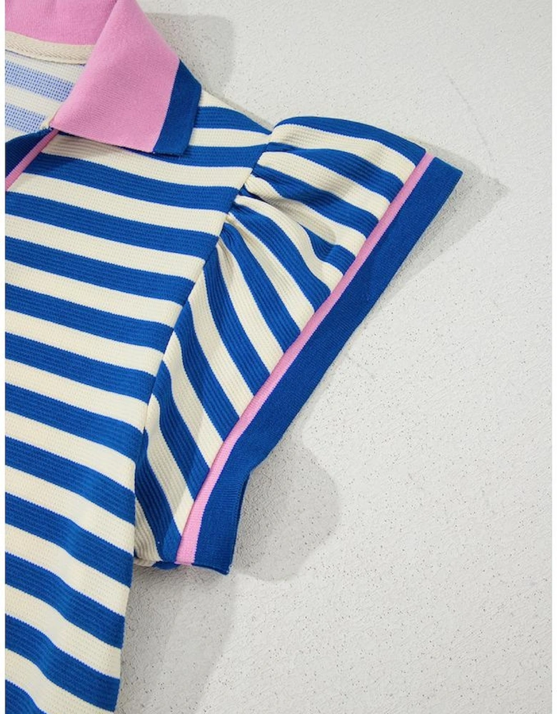 Dark Blue Stripe Print Contrast Collar Split Neck Flutter Sleeve Short Dress