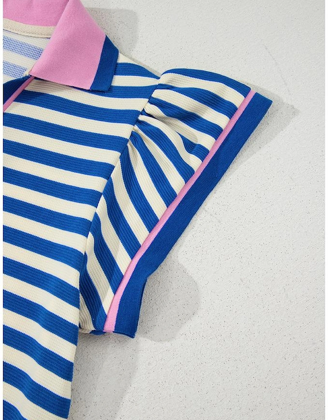 Dark Blue Stripe Print Contrast Collar Split Neck Flutter Sleeve Short Dress