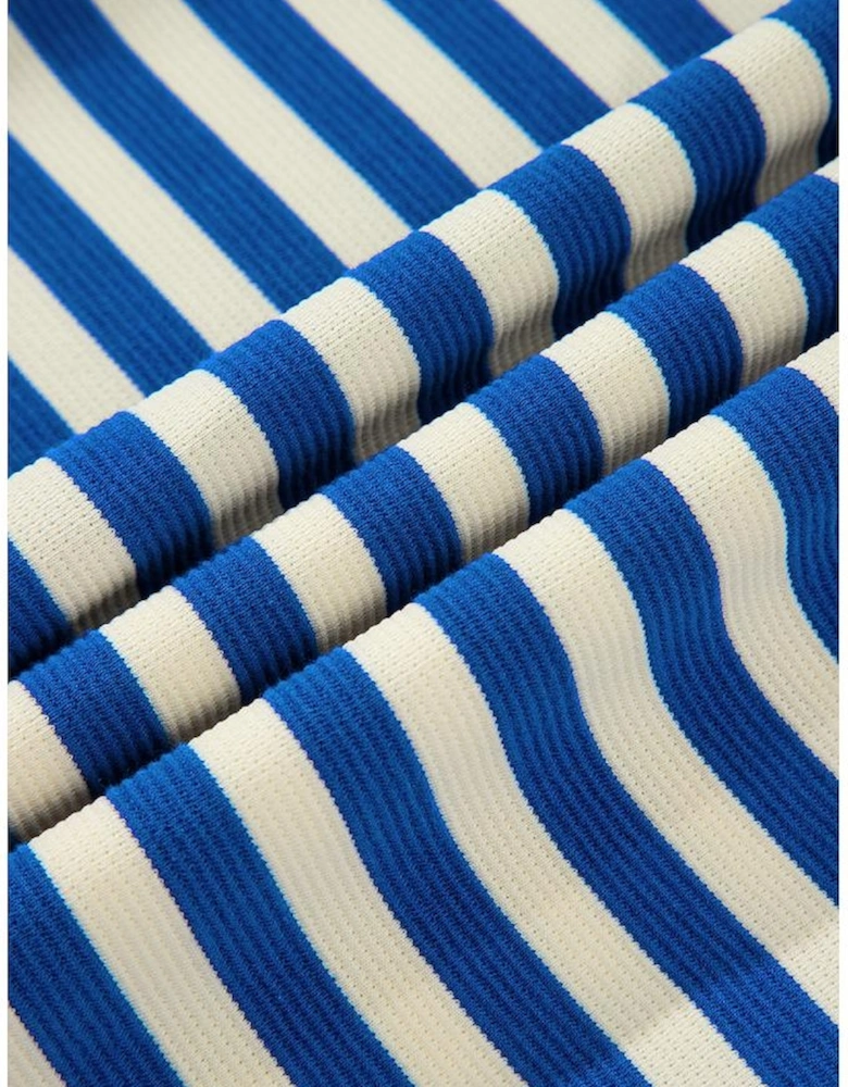 Dark Blue Stripe Print Contrast Collar Split Neck Flutter Sleeve Short Dress