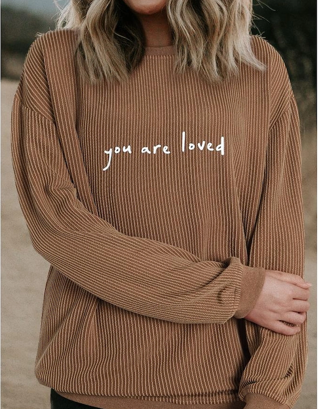 Khaki You Are Loved Print Corduroy Sweatshirt