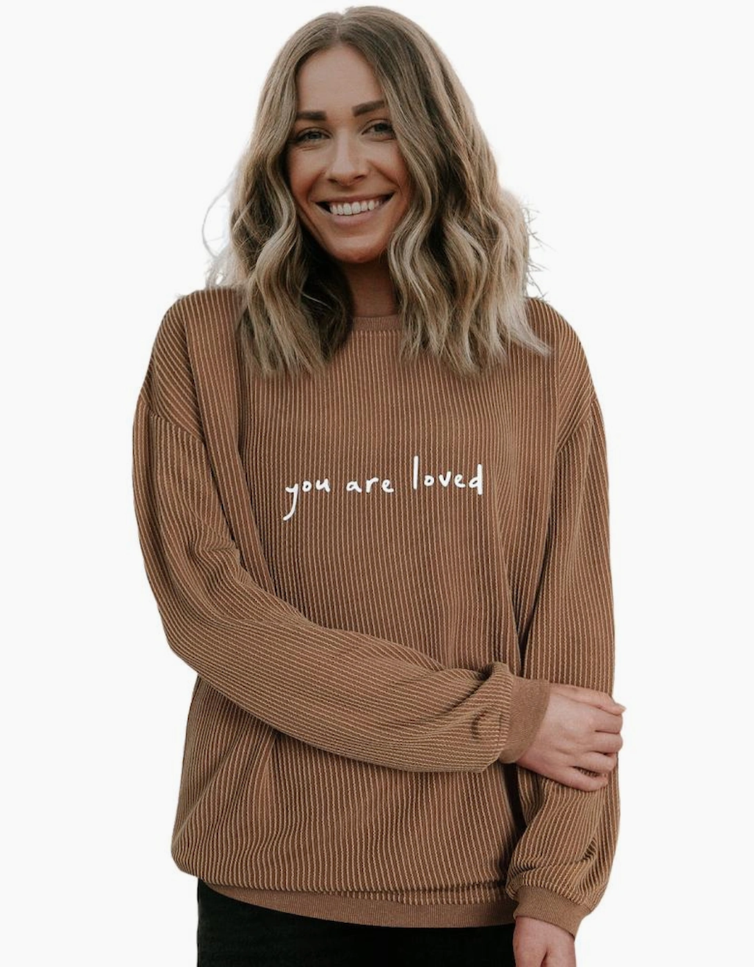 Khaki You Are Loved Print Corduroy Sweatshirt
