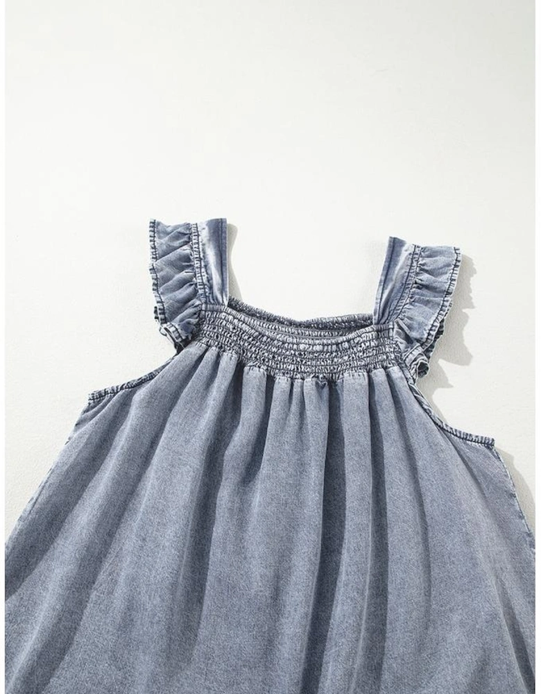 Ashleigh Blue Ruffled Shirred Neckline Sleeveless Denim Tank Top