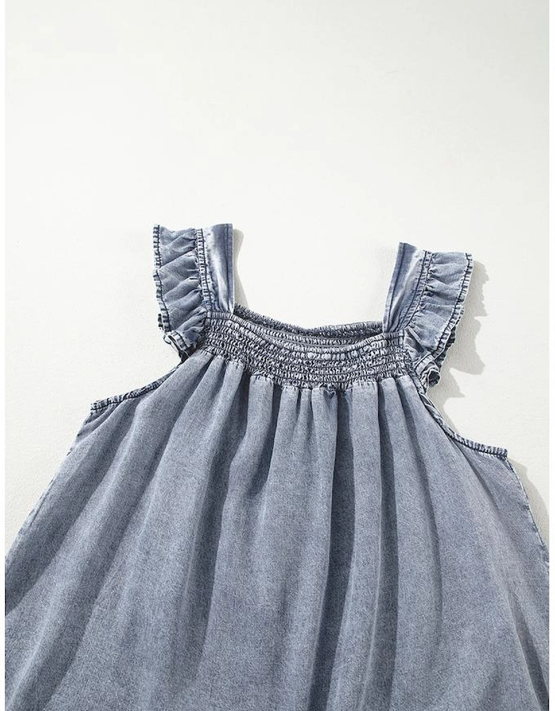 Ashleigh Blue Ruffled Shirred Neckline Sleeveless Denim Tank Top