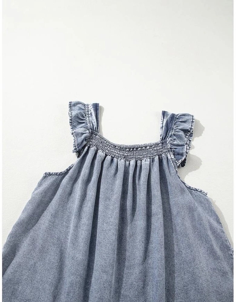 Ashleigh Blue Ruffled Shirred Neckline Sleeveless Denim Tank Top