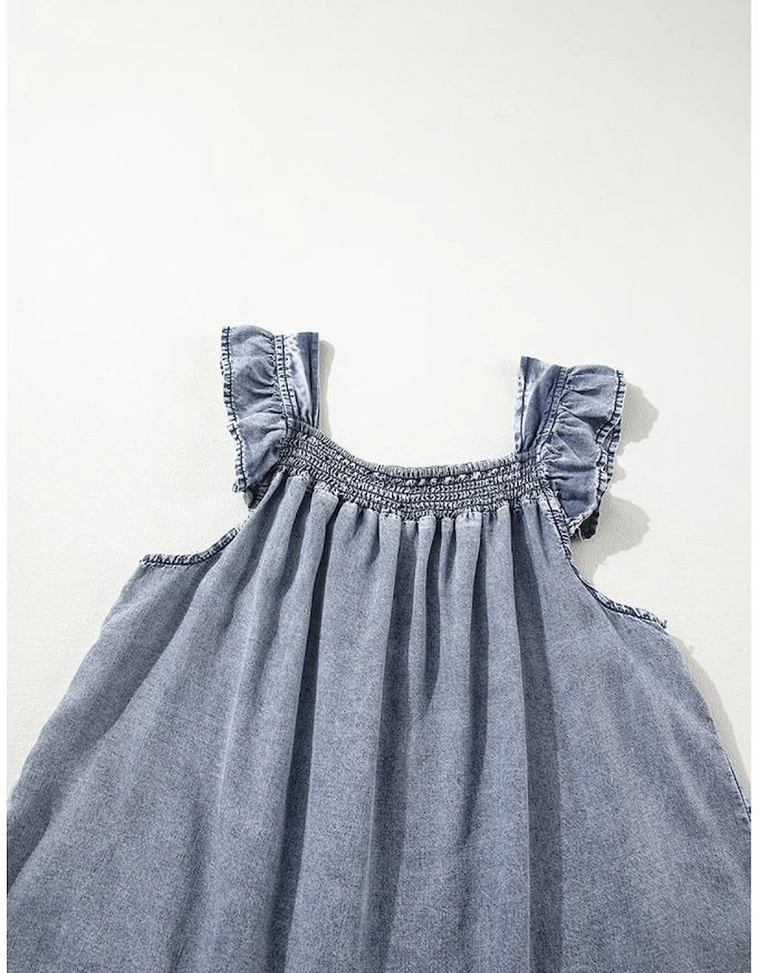 Ashleigh Blue Ruffled Shirred Neckline Sleeveless Denim Tank Top
