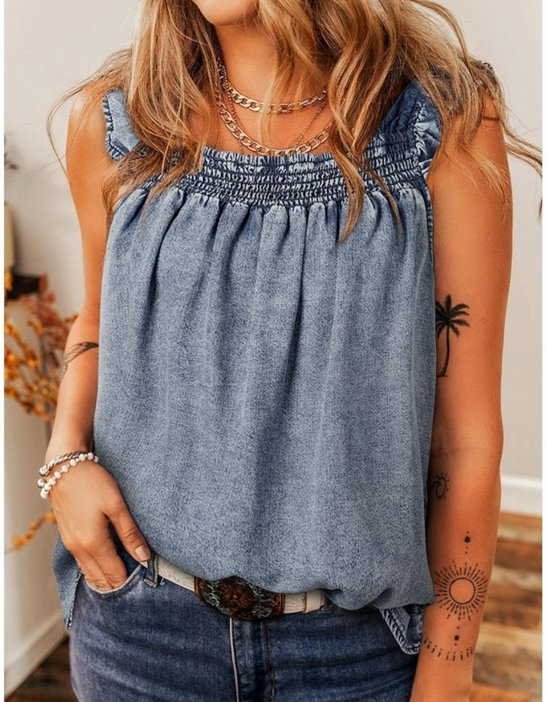 Ashleigh Blue Ruffled Shirred Neckline Sleeveless Denim Tank Top