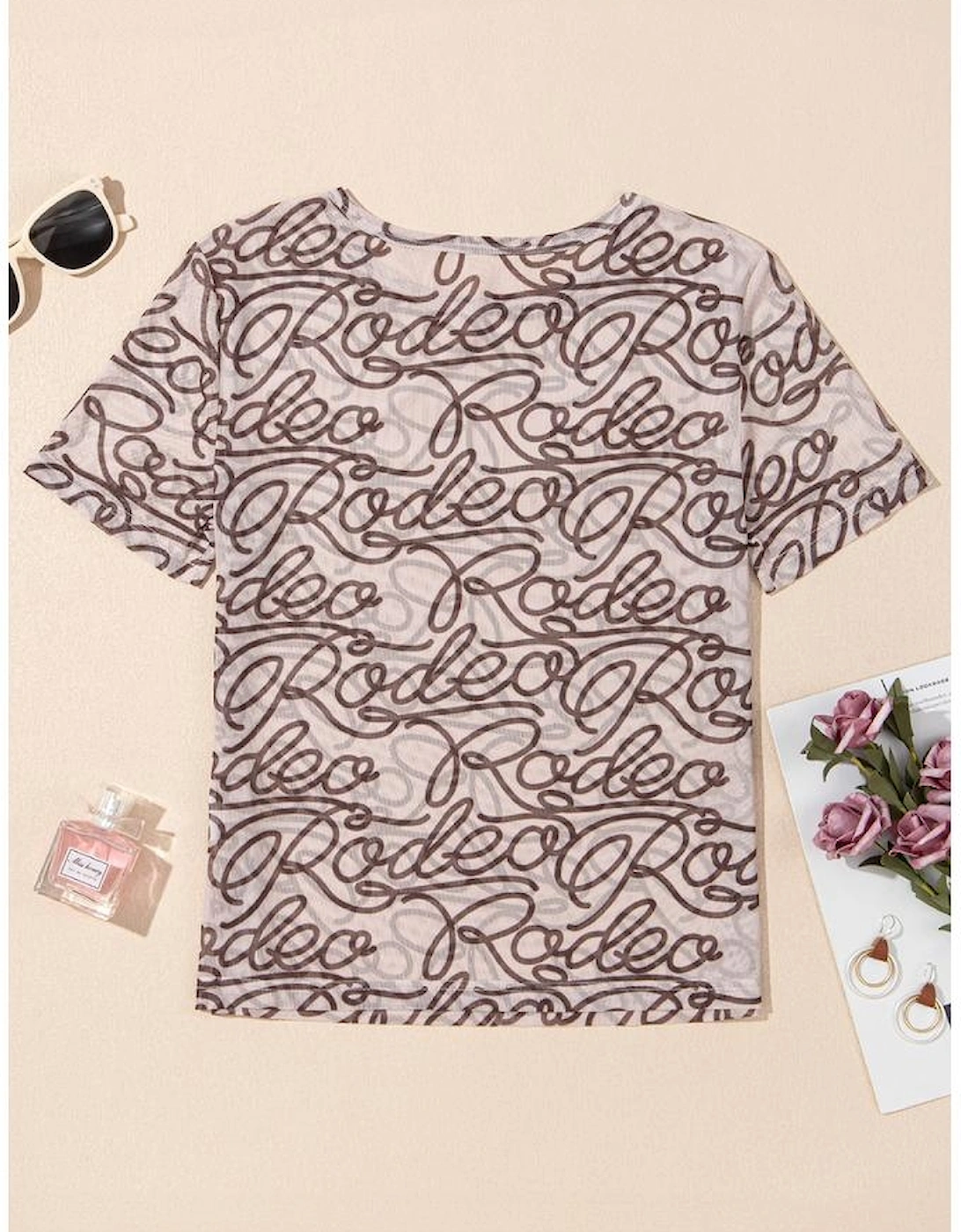 Brown Rodeo Print Round Neck Slim Fit Mesh T Shirt