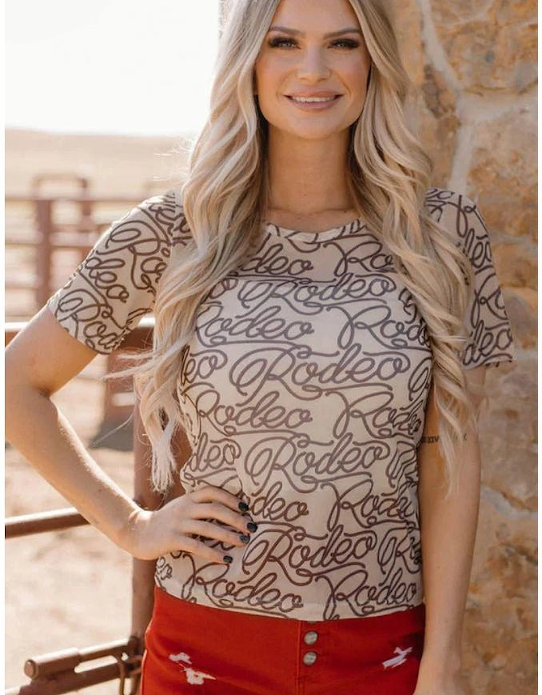 Brown Rodeo Print Round Neck Slim Fit Mesh T Shirt