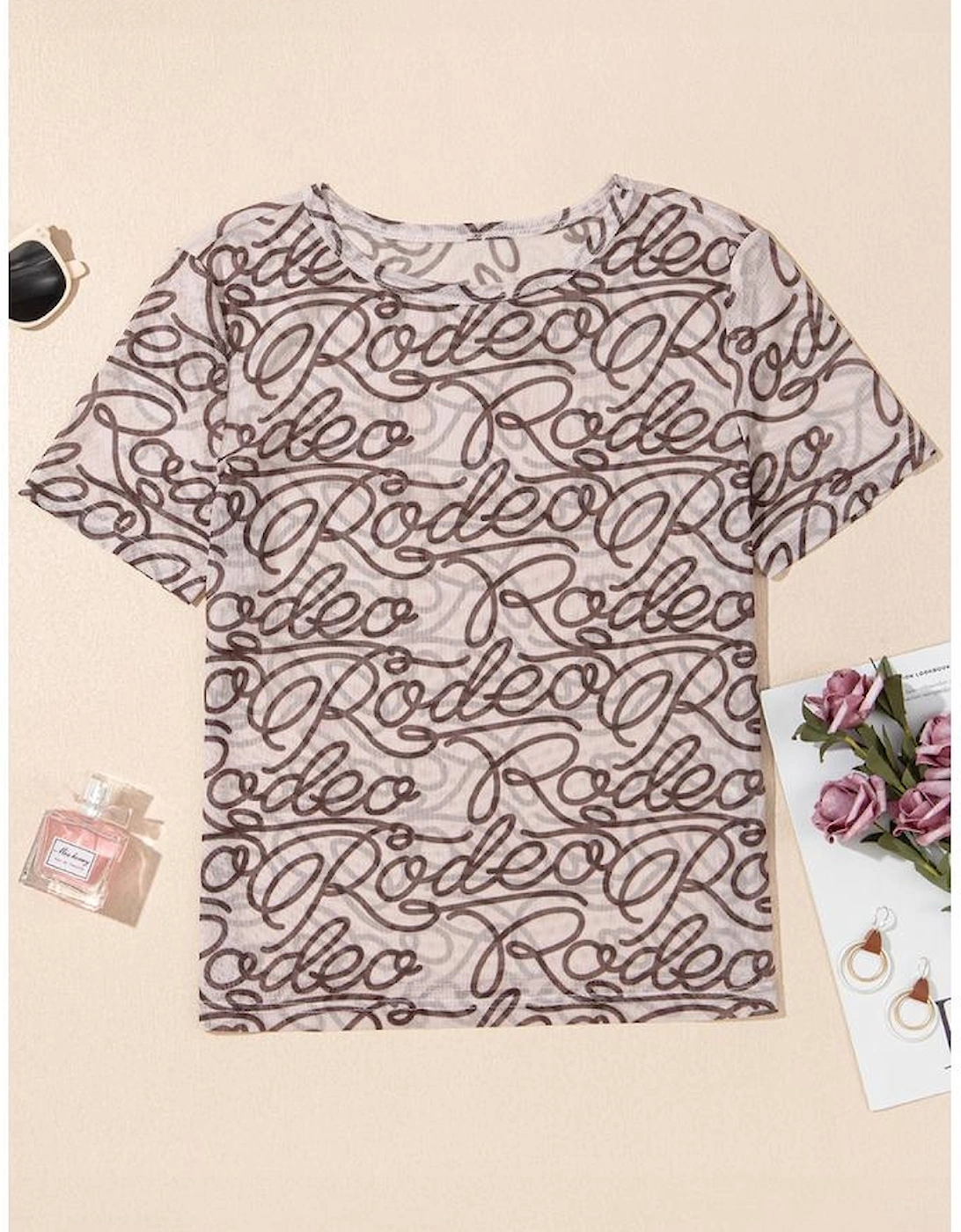 Brown Rodeo Print Round Neck Slim Fit Mesh T Shirt