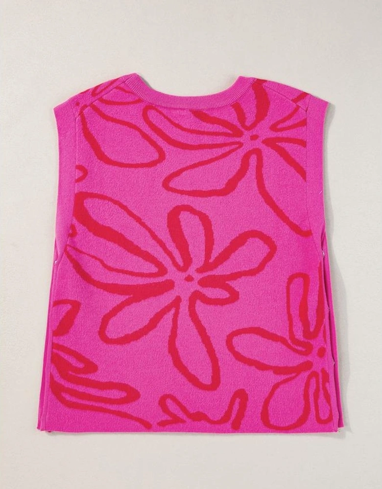 Bright Pink Button Sides Sleeveless Floral Knitted Top