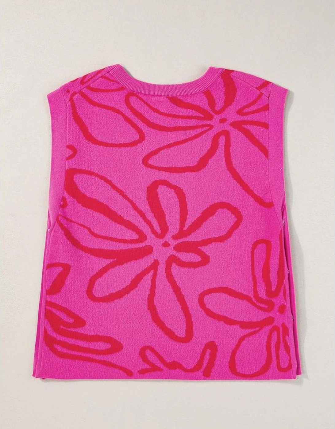 Bright Pink Button Sides Sleeveless Floral Knitted Top