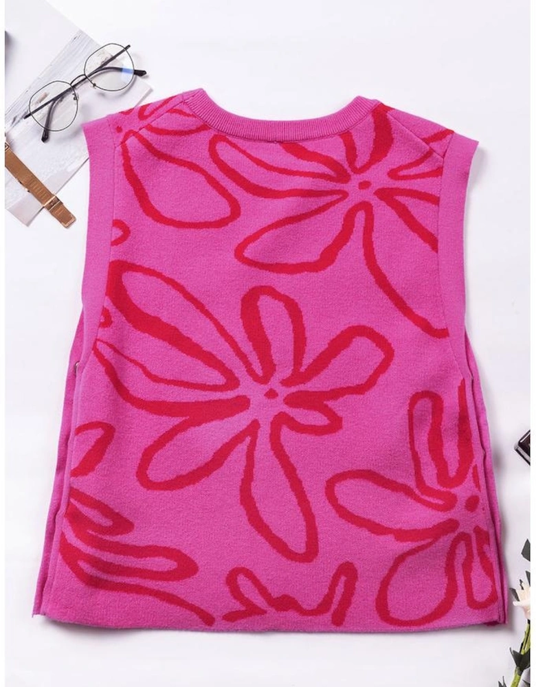 Bright Pink Button Sides Sleeveless Floral Knitted Top