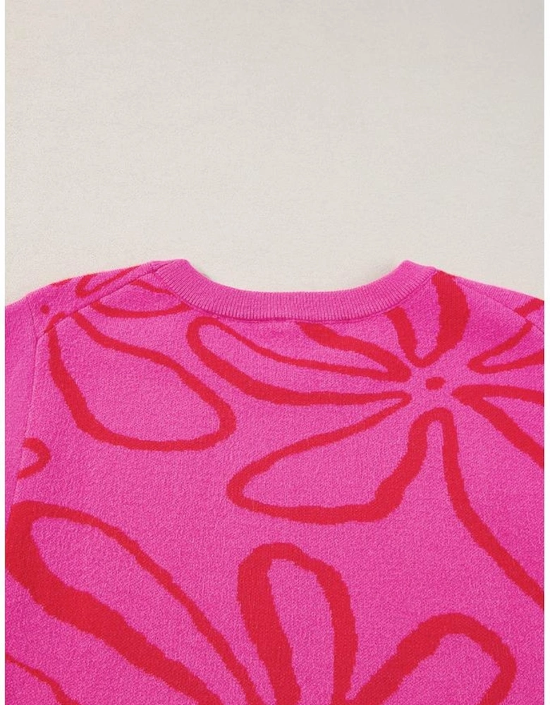 Bright Pink Button Sides Sleeveless Floral Knitted Top