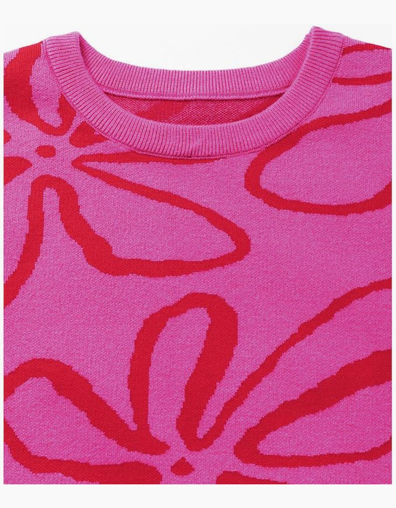 Bright Pink Button Sides Sleeveless Floral Knitted Top