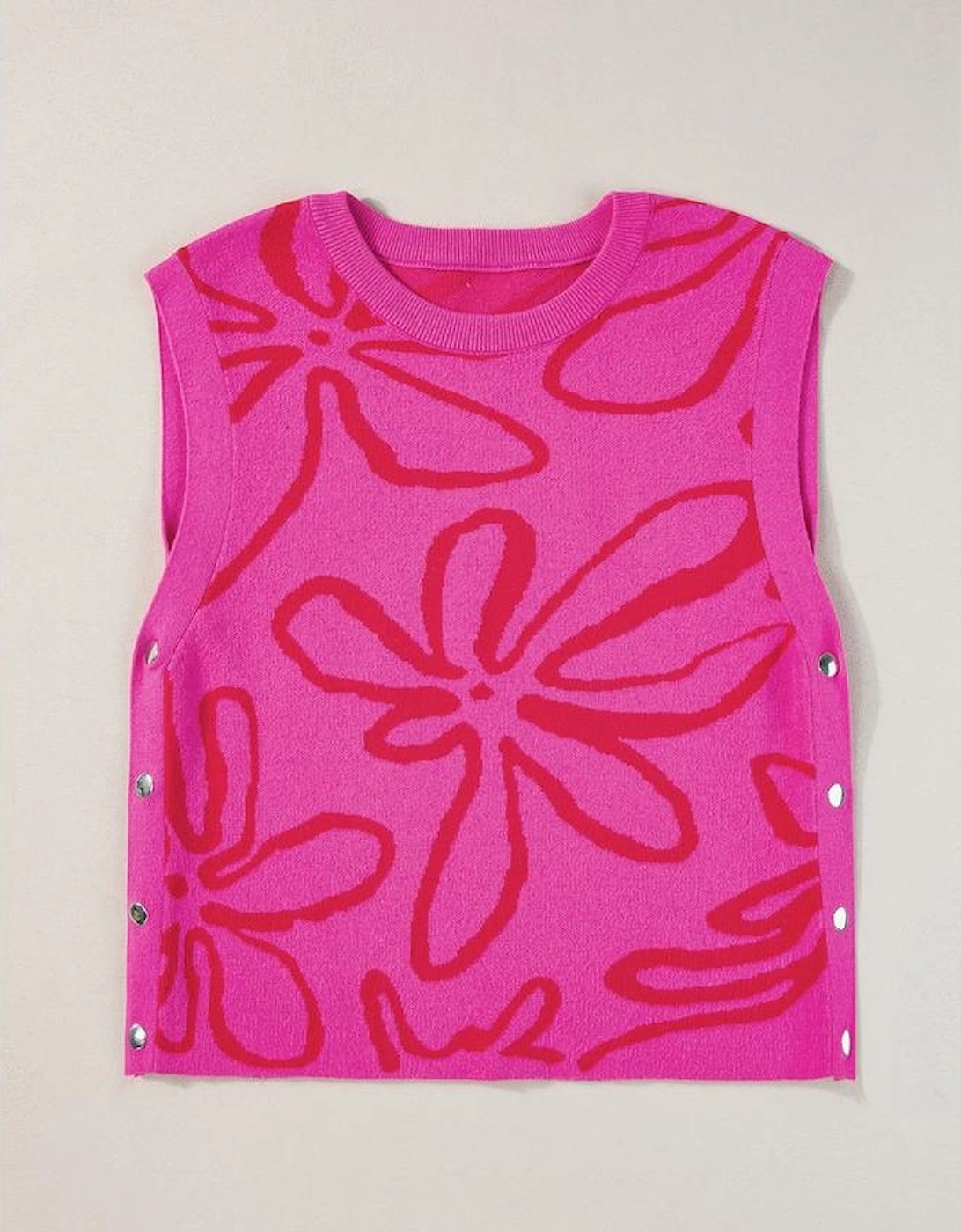 Bright Pink Button Sides Sleeveless Floral Knitted Top