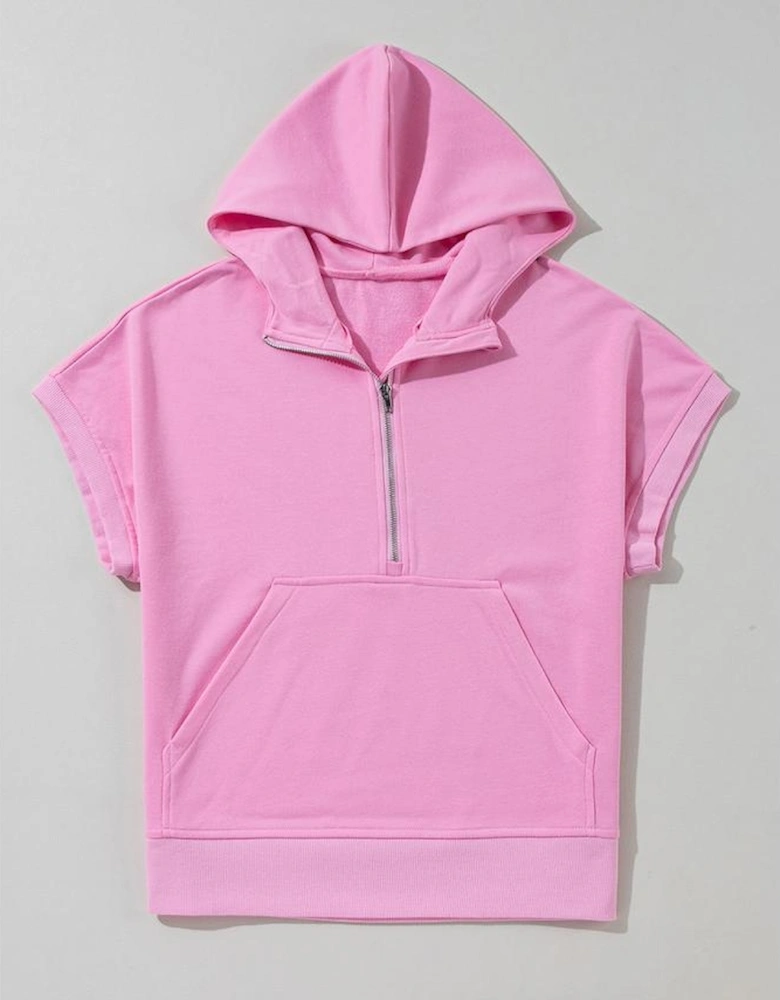 Bonbon Half Zipper Kangaroo Pocket Short Sleeve Hoodie