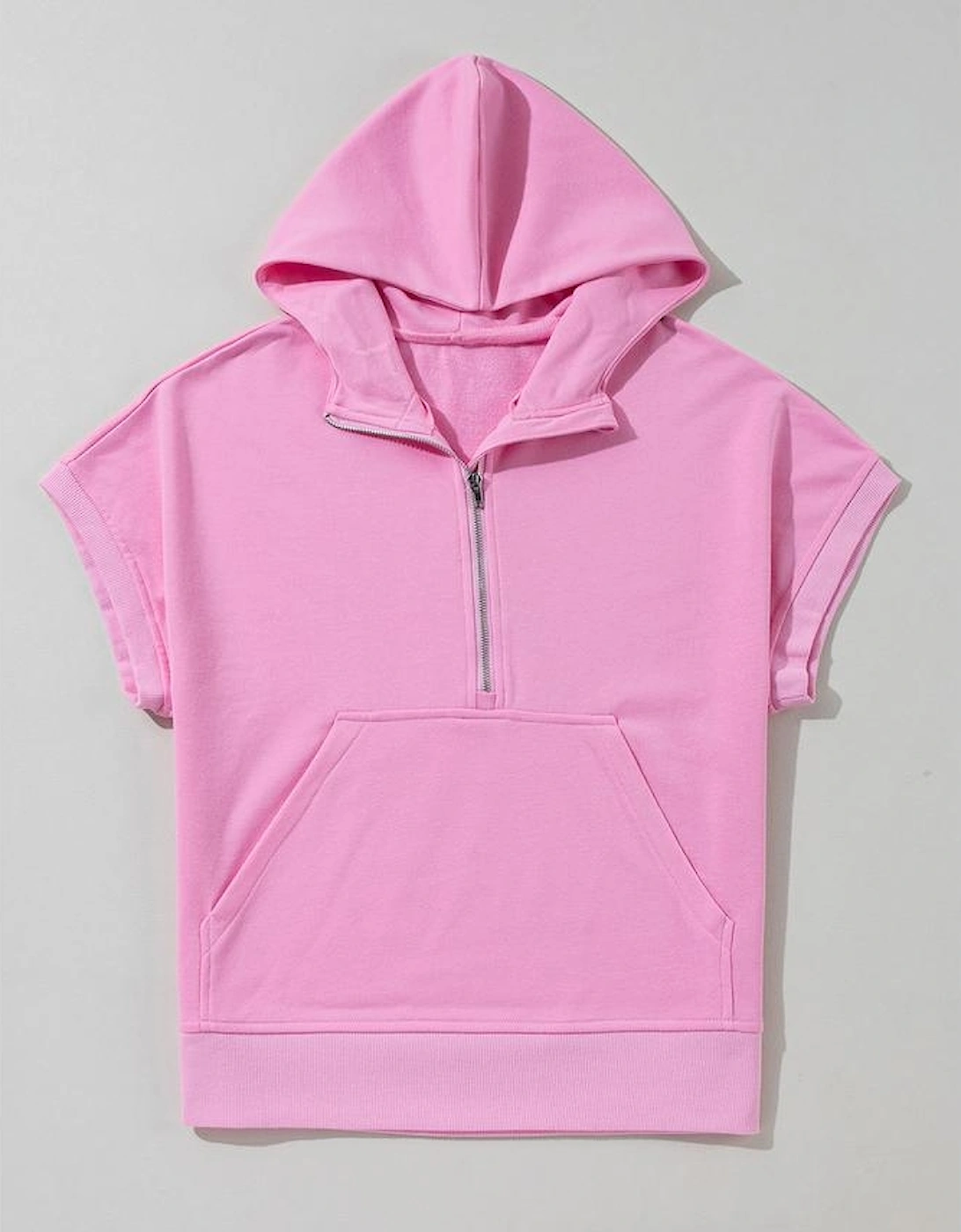 Bonbon Half Zipper Kangaroo Pocket Short Sleeve Hoodie