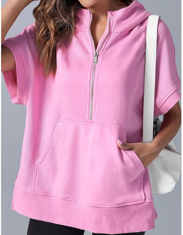 Bonbon Half Zipper Kangaroo Pocket Short Sleeve Hoodie