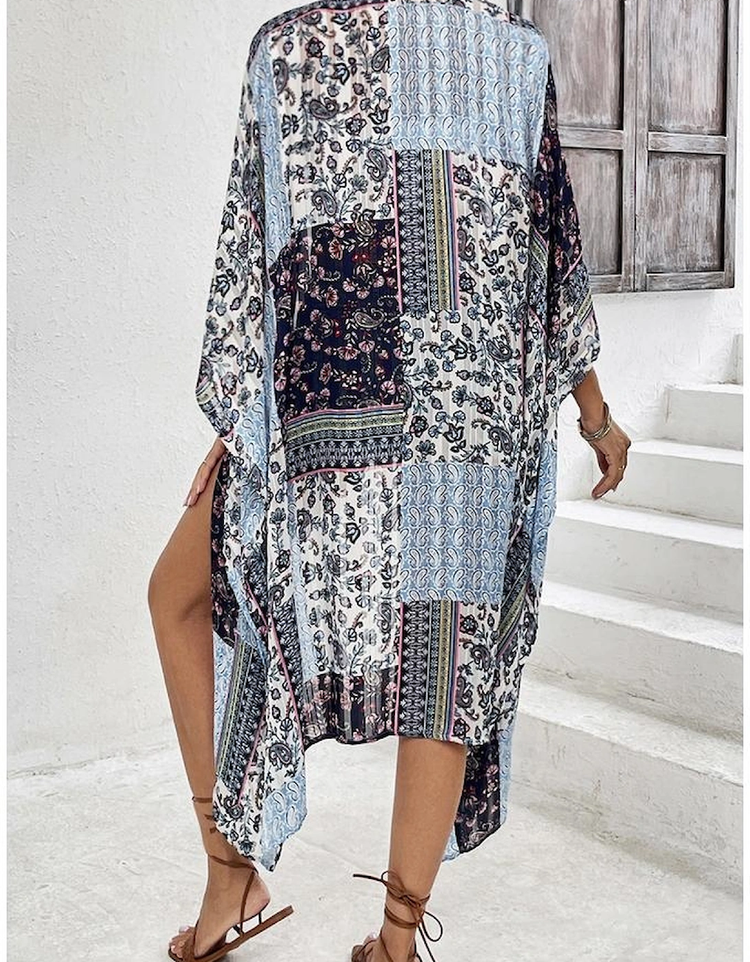 Blue Retro Floral Print Long Loose Open Front Kimono, 6 of 5