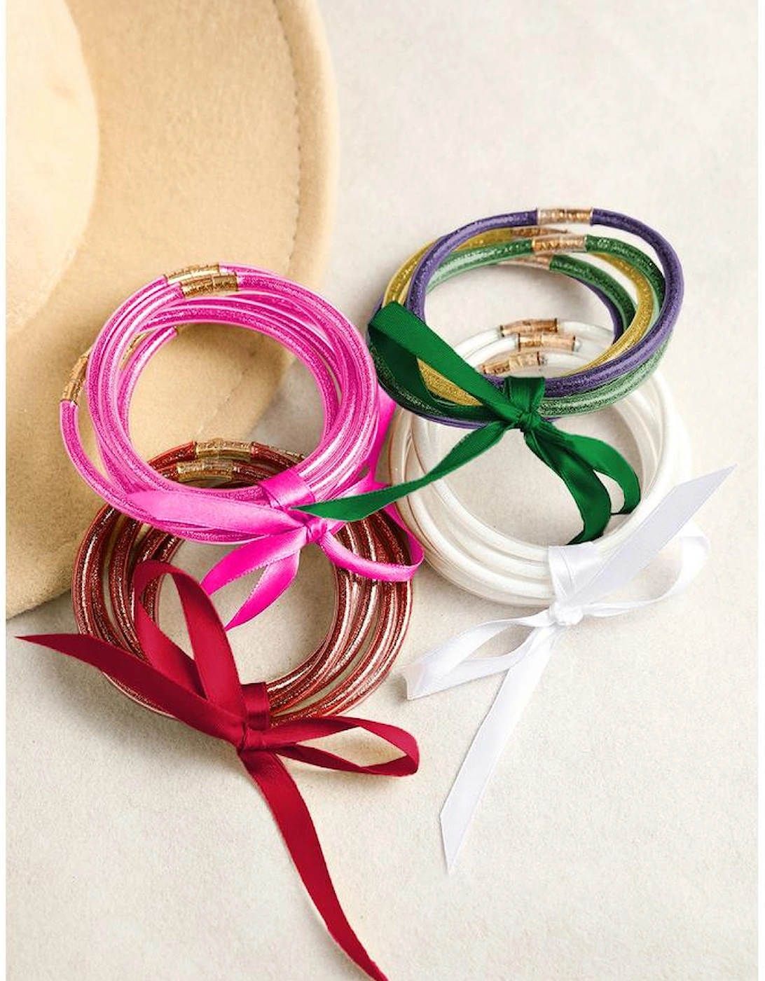 Green 5pcs Glitter Jelly Bow Knot Ribbon Bracelet Set