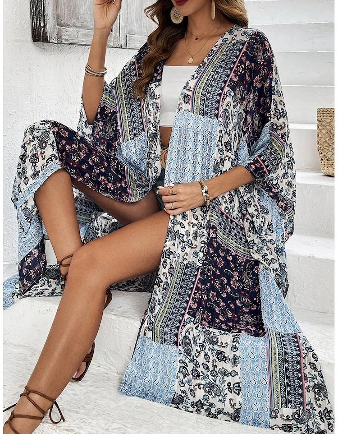 Blue Retro Floral Print Long Loose Open Front Kimono