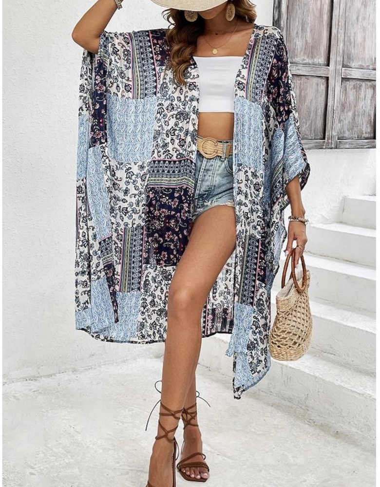 Blue Retro Floral Print Long Loose Open Front Kimono