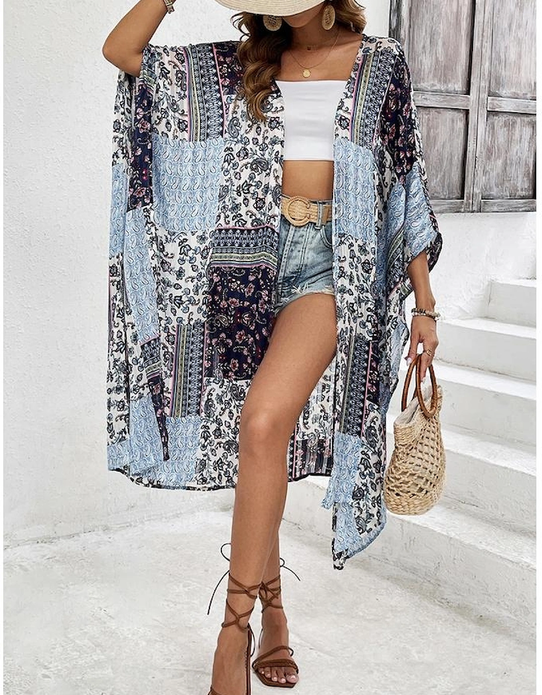 Blue Retro Floral Print Long Loose Open Front Kimono