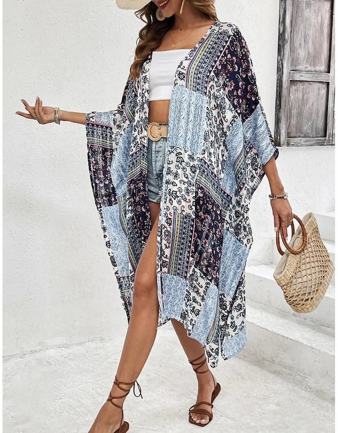 Blue Retro Floral Print Long Loose Open Front Kimono