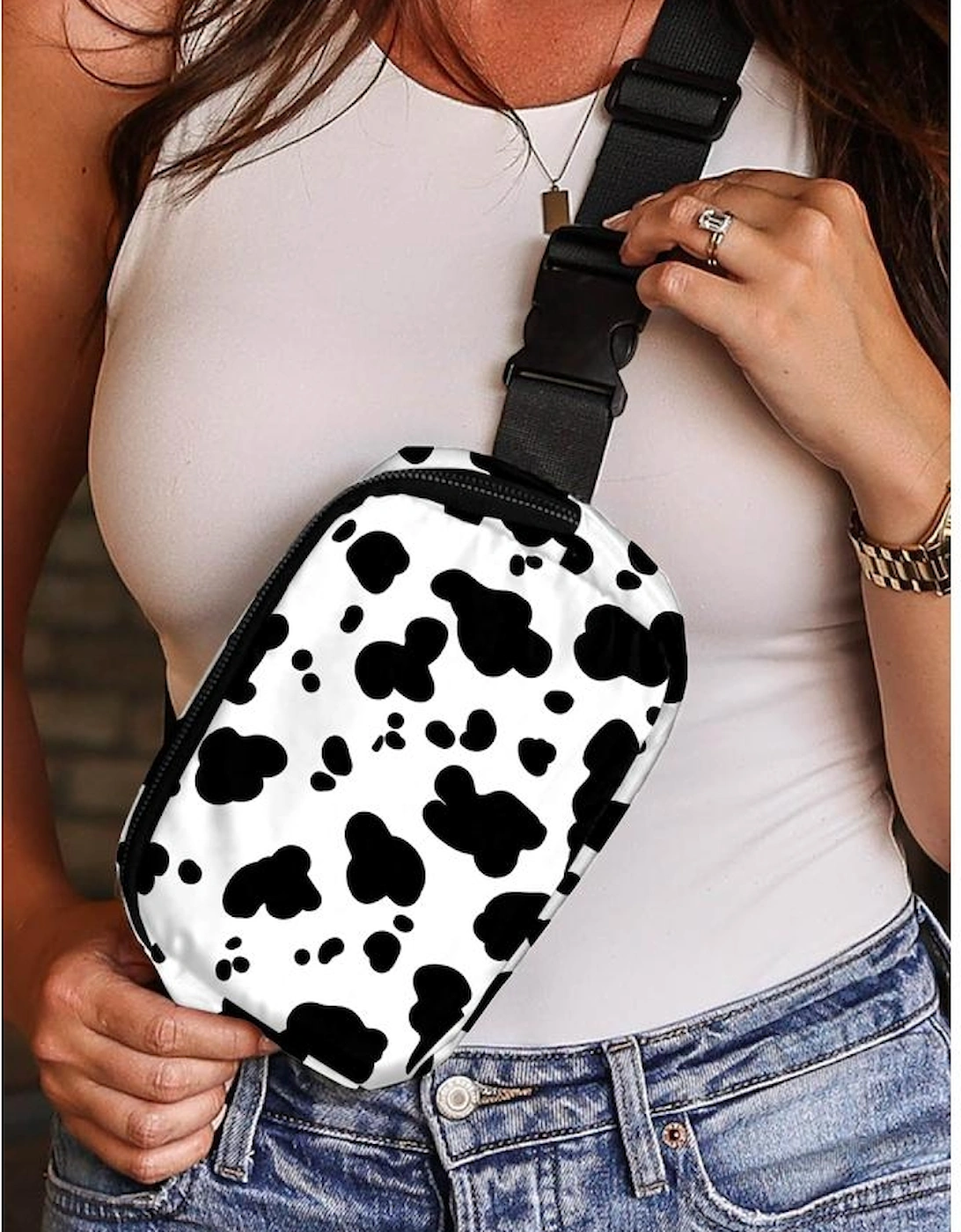 White Cow Pattern Print Buckle Wide Belt Inclined Shoulder Bag