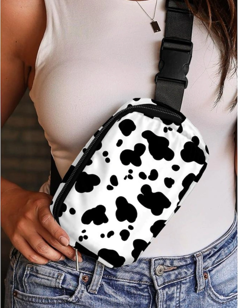 White Cow Pattern Print Buckle Wide Belt Inclined Shoulder Bag