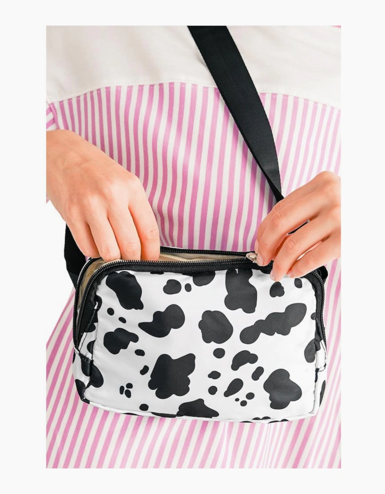 White Cow Pattern Print Buckle Wide Belt Inclined Shoulder Bag