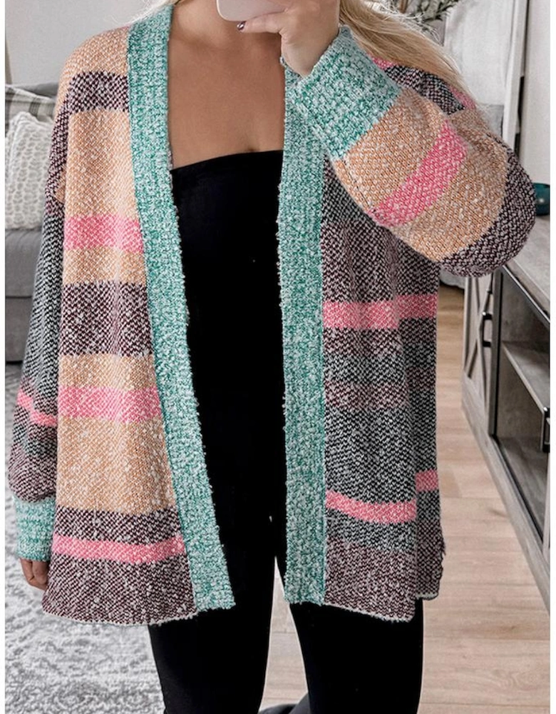 Multicolour Color Block Striped Side Slit Open Front Cardigan