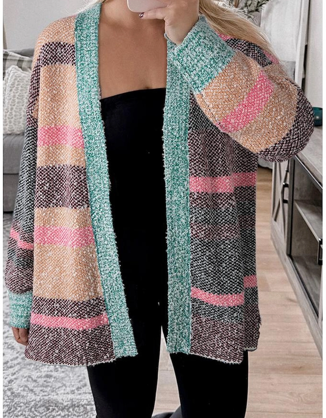 Multicolour Color Block Striped Side Slit Open Front Cardigan