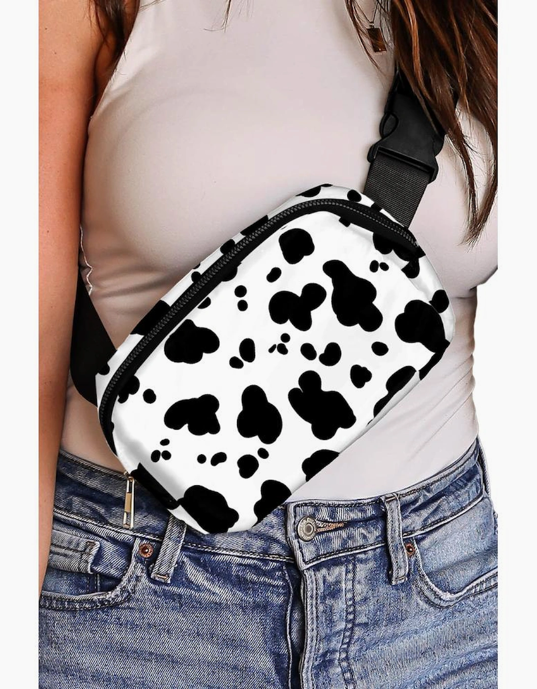 White Cow Pattern Print Buckle Wide Belt Inclined Shoulder Bag