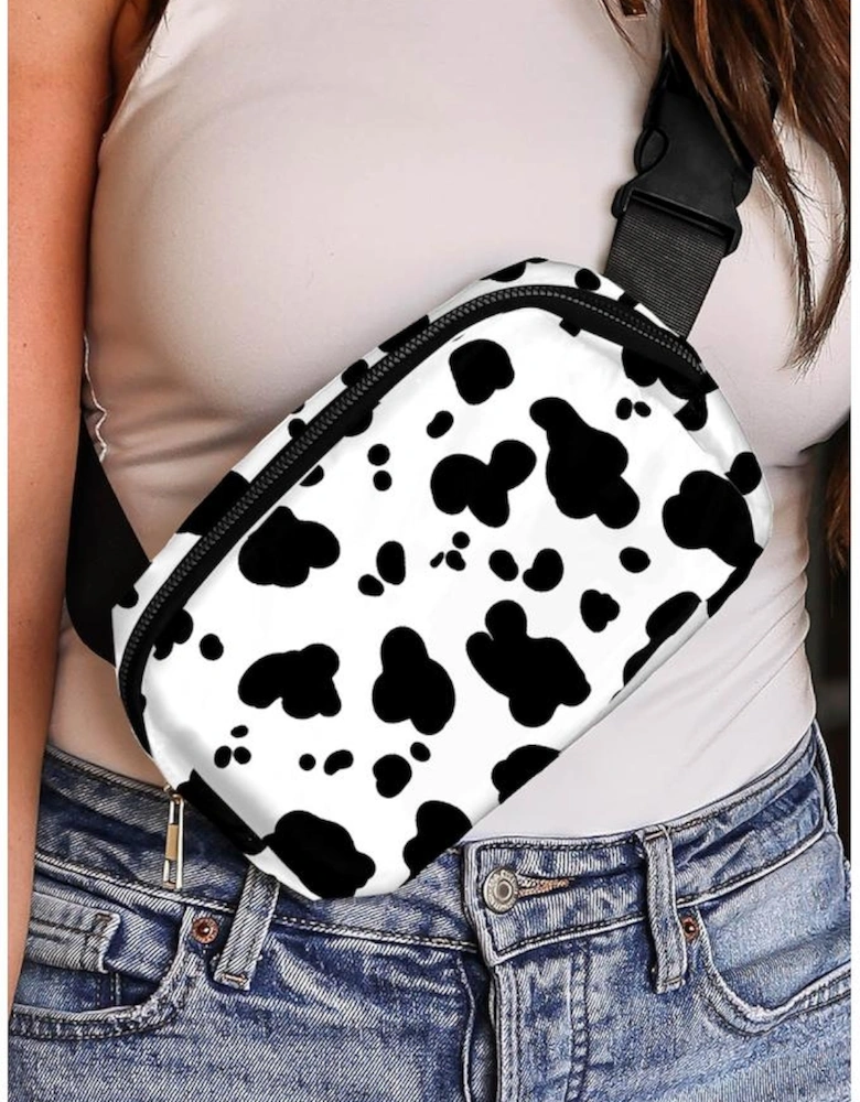 White Cow Pattern Print Buckle Wide Belt Inclined Shoulder Bag