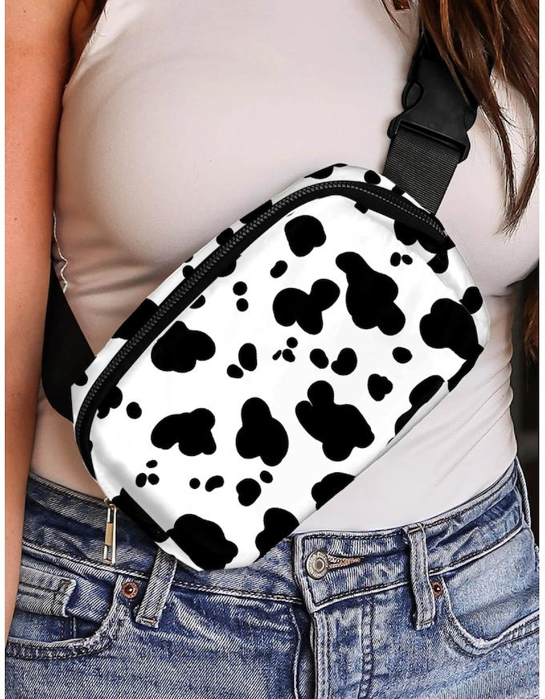 White Cow Pattern Print Buckle Wide Belt Inclined Shoulder Bag, 13 of 12