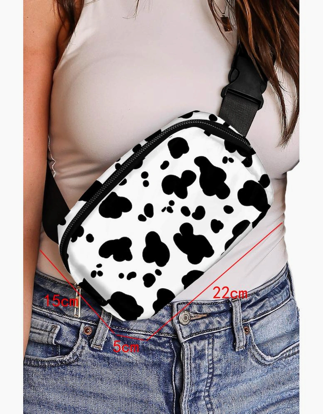 White Cow Pattern Print Buckle Wide Belt Inclined Shoulder Bag