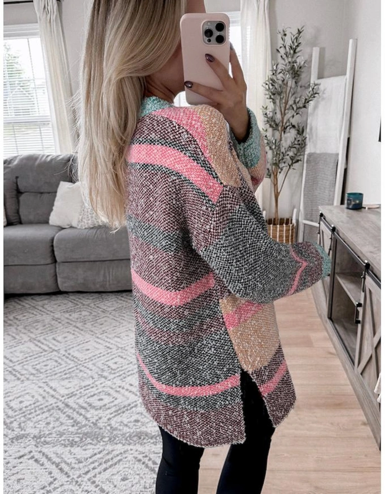Multicolour Color Block Striped Side Slit Open Front Cardigan