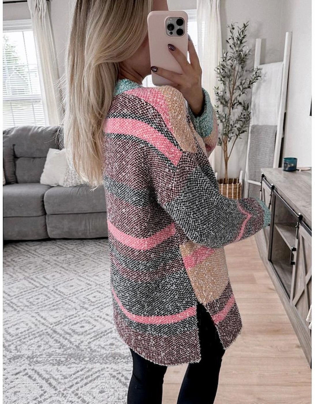 Multicolour Color Block Striped Side Slit Open Front Cardigan, 4 of 3