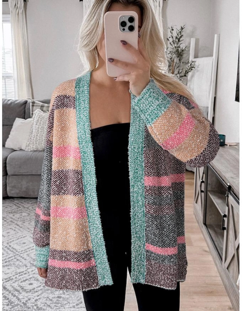 Multicolour Color Block Striped Side Slit Open Front Cardigan