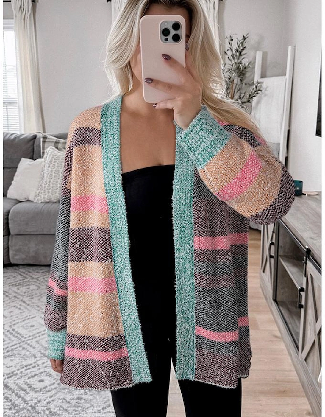 Multicolour Color Block Striped Side Slit Open Front Cardigan