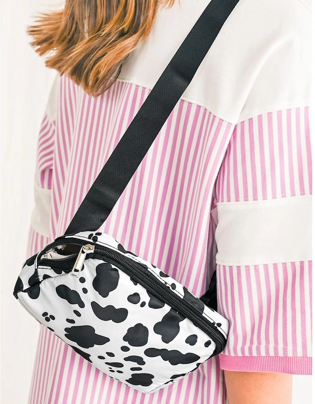 White Cow Pattern Print Buckle Wide Belt Inclined Shoulder Bag