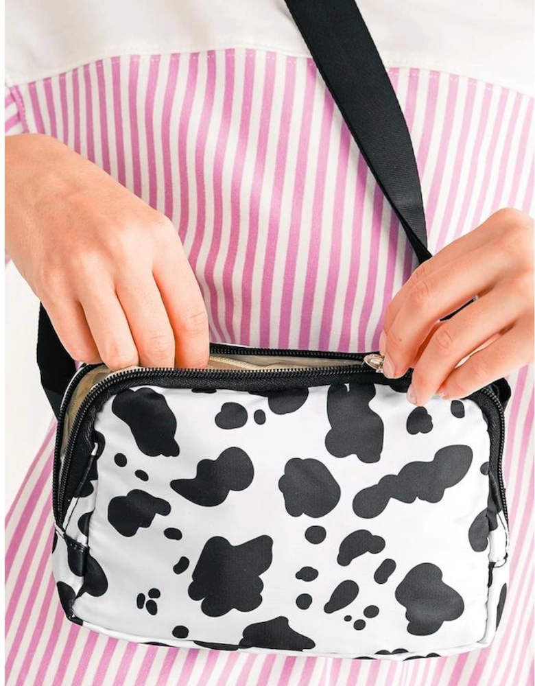 White Cow Pattern Print Buckle Wide Belt Inclined Shoulder Bag