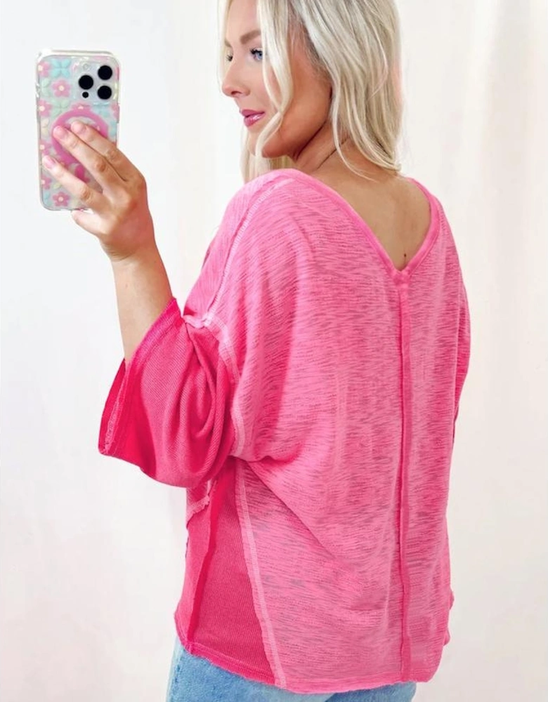 Sachet Pink Contrast Patchwork 3/4 Sleeve V Neck Loose Blouse