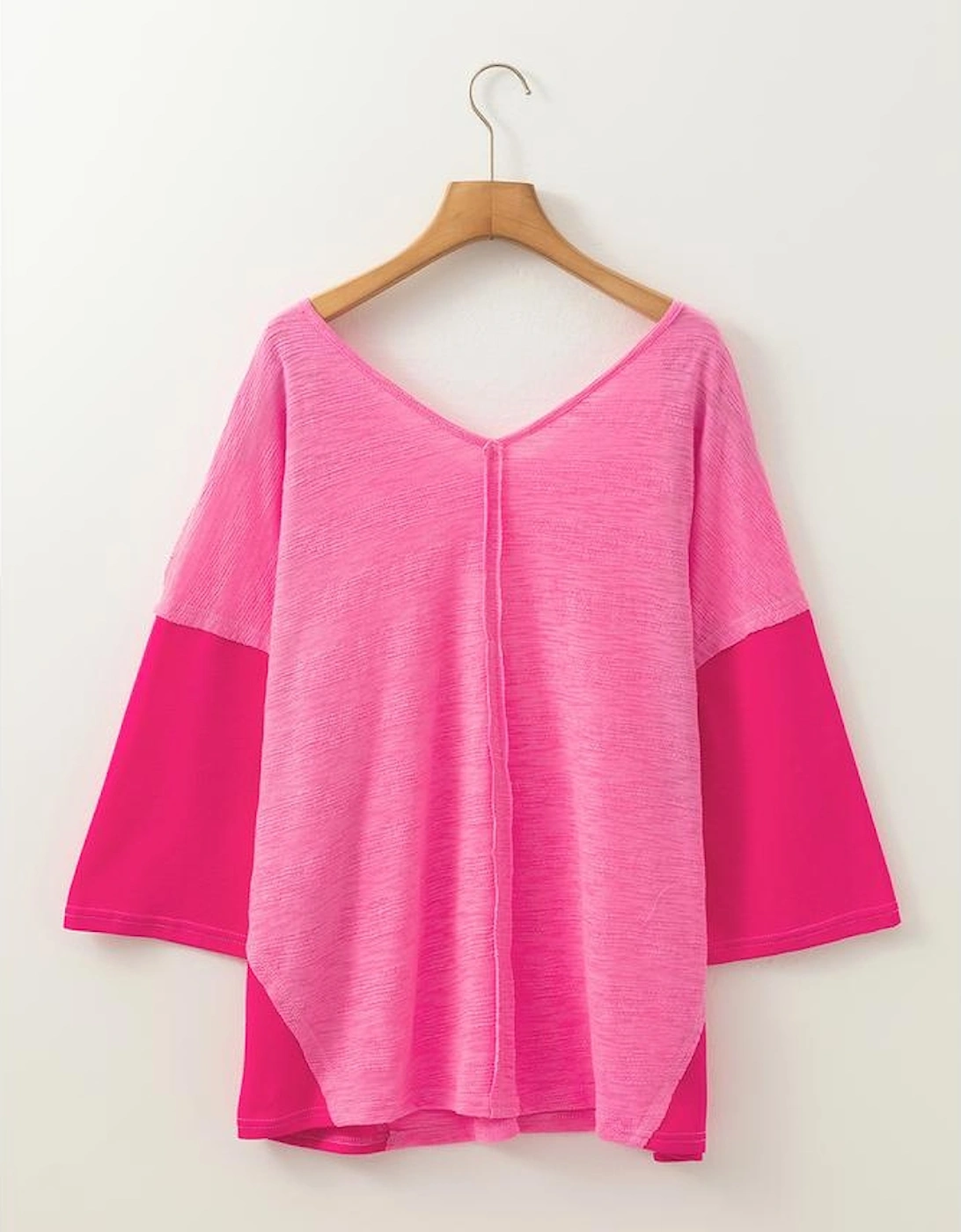 Sachet Pink Contrast Patchwork 3/4 Sleeve V Neck Loose Blouse