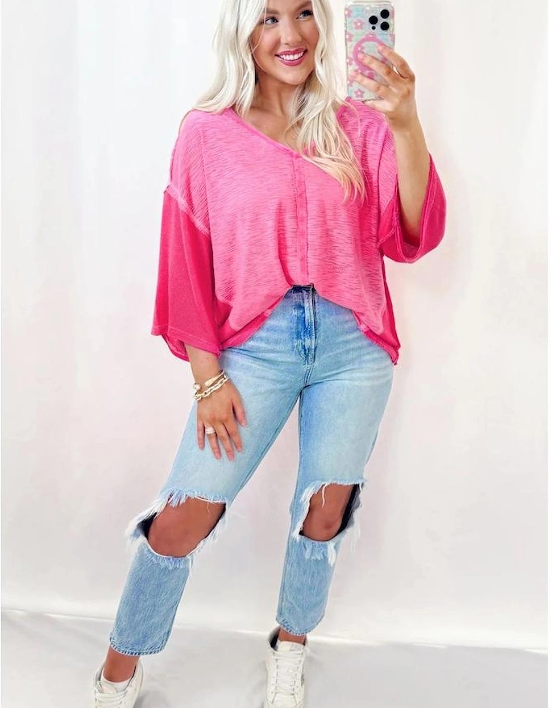 Sachet Pink Contrast Patchwork 3/4 Sleeve V Neck Loose Blouse
