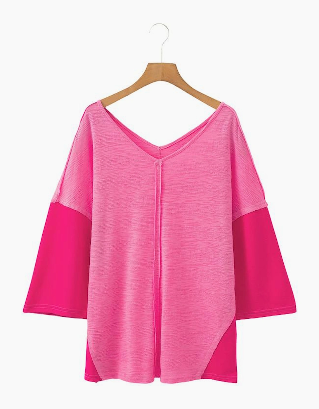 Sachet Pink Contrast Patchwork 3/4 Sleeve V Neck Loose Blouse, 13 of 12