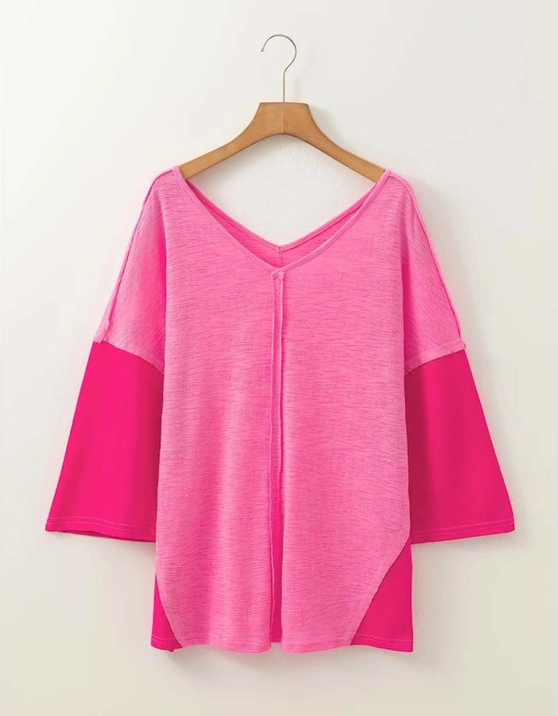 Sachet Pink Contrast Patchwork 3/4 Sleeve V Neck Loose Blouse