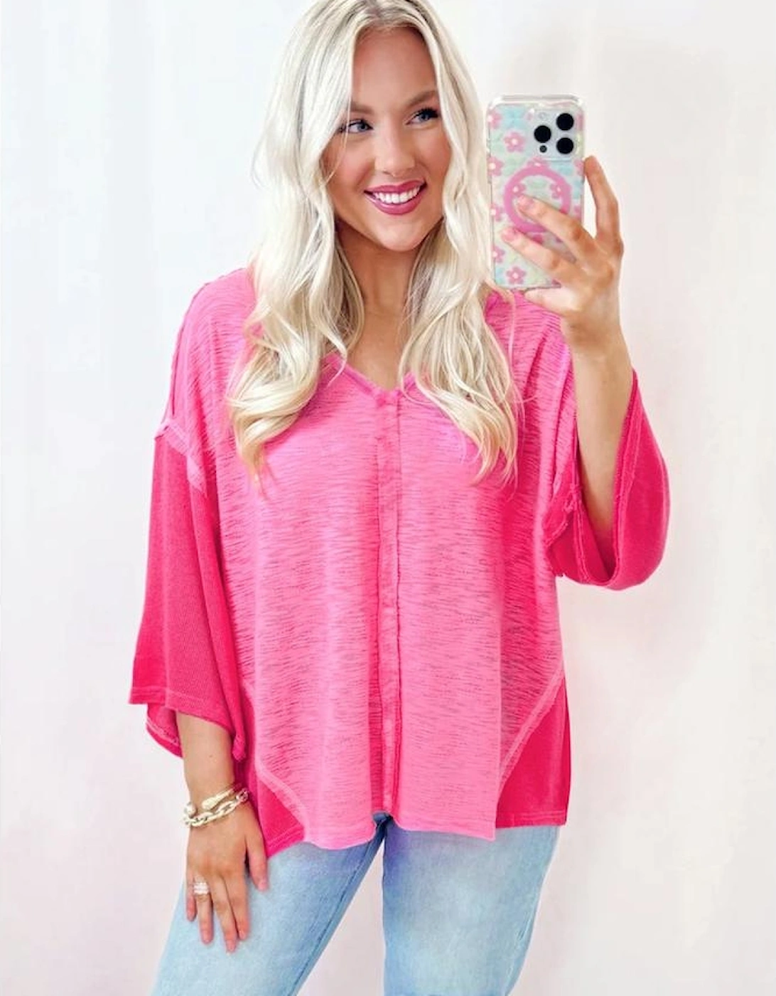 Sachet Pink Contrast Patchwork 3/4 Sleeve V Neck Loose Blouse