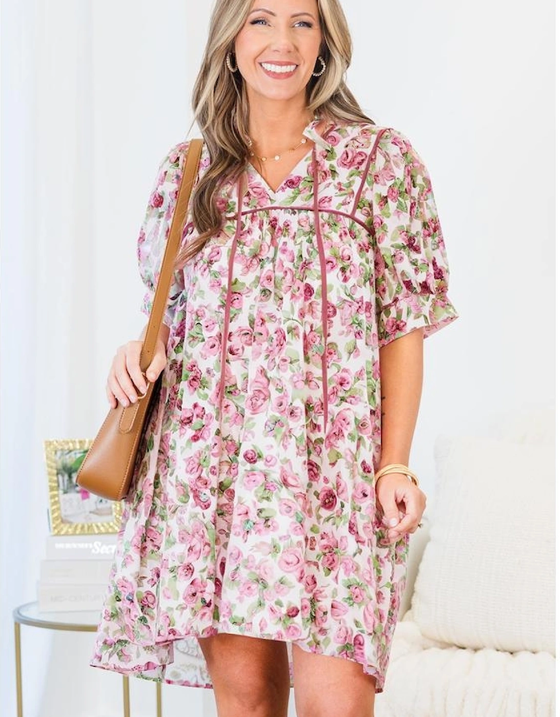 Pink Floral Split Neck Short Sleeve Loose Plus Size Mini Dress, 10 of 9